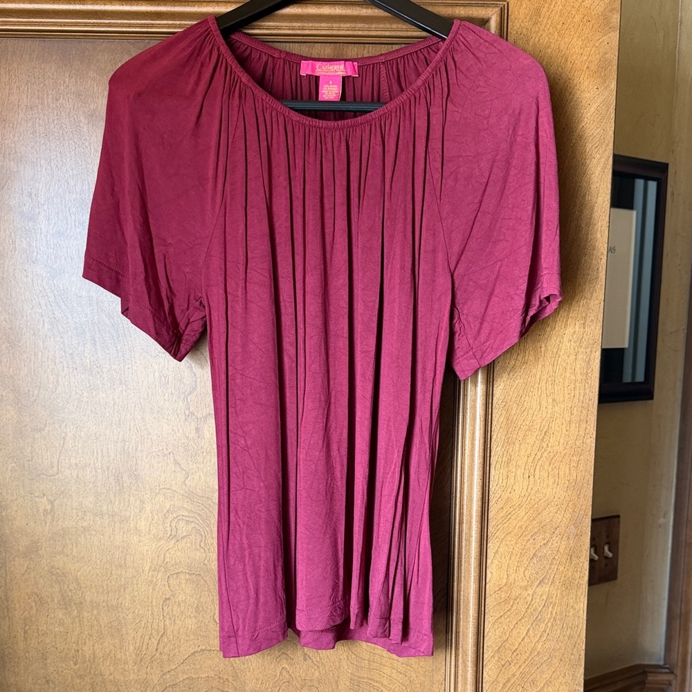 Catherine Malandrino Short Sleeve Gathered Neck Top in Berry Rose